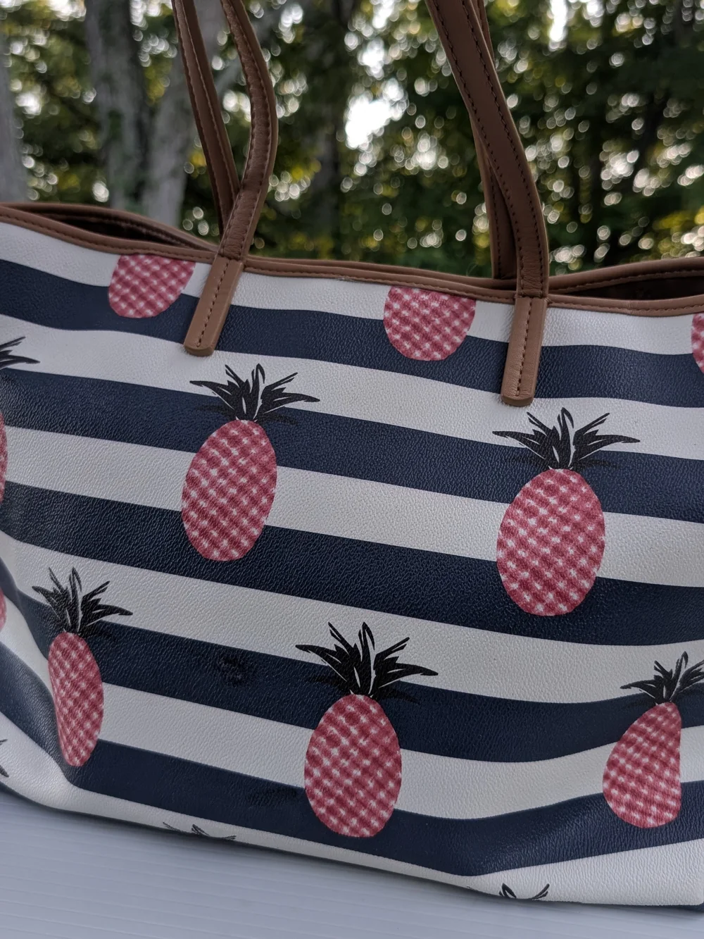 Tory Burch Kerrington Navy Stripe Pineapple Tote Bag - Pink Pineapple Print